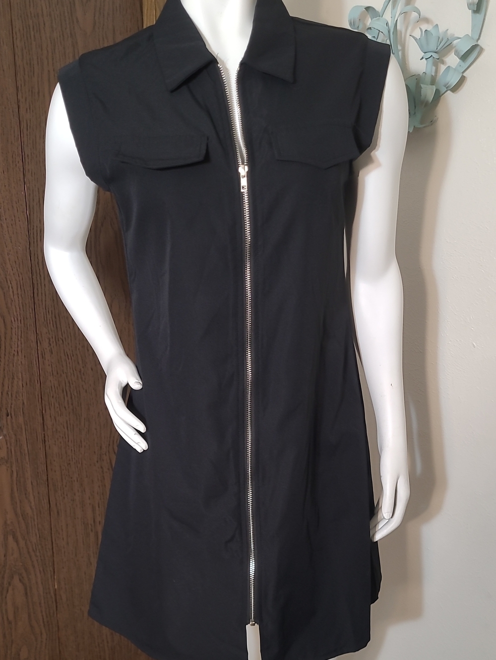 Sleeveless Black Zip-Front Shirt Dress